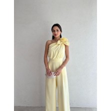 Klex Tek Omuz Çiçek Detaylı Geniş Paça Tulum 5085 Sarı - S