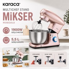 Karaca 1900W Güçlü Motorlu Stand Mikser Kıyma Çekme Sucuk Sosis ve Içli Köfte Aparatlı Geniş Hazneli Rosegold Mutfak Şefi
