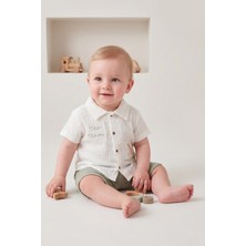 Joy Kids Erkek Bebek %100 Pamuk Süzene Nakışlı Müslin Takım (9-18AY) (Ekru-Yeşil)