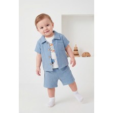 Joy Kids Erkek Bebek %100 Pamuk 3 Parça Müslin Basic Takım (6-24AY) (Mavi)