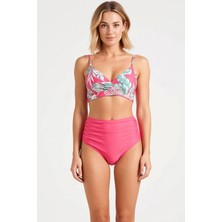 Benerly Kadın Bikini Takımı Tropikal Desenli Drapeli Üçgen Kaplı Balensiz Yüksek Bel Hipster Örme Şık