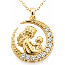 Gumush Gümüş Hilal Içinde Anne Bebek Figürlü Gold Kolye