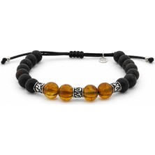 Safir Jewellery Çift Ton Kehribar Doğal Taşlı 925 Ayar Gümüş Detaylı Makrome Örgülü Erkek Bileklik - Hediye Kutulu