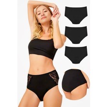 Homay 3'lü Siyah Büyük Beden Dantel Detaylı Pamuklu Bikini Külot