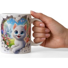 Fm 3D Efektli Sevimli Beyaz Kedi Tasarım Kupa - Çiçekli Bahçe Manzaralı Sihirli Kupa Bardak - Kaliteli Baskı Hediyelik Kupa Bardak