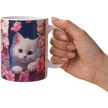 Fm Pembe Bahar Çiçekli Sevimli Beyaz Kedi Tasarım Kupa - 3D Görünümlü Dekoratif Bardak - Kedi Severlere Özel Bahar Temalı Kupa Bardak - Çiçekli Kedi Illüstrasyonlu Hediyelik