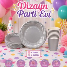 Dizayn Parti Evi Gri Karton Tabak Bardak Seti 8 Kişilik Parti Sofra Seti Modern Doğum Günü Konsepti
