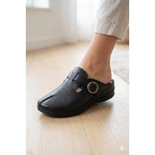 Shoemix Hakiki Deri Siyah Kadın Terlik Konforlu Günlük Sabo Toka Detaylı Anatomik Taban Terlik