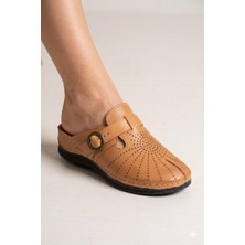 Shoemix Hakiki Deri Taba Kadın Terlik Konforlu Günlük Sabo Toka Detaylı Anatomik Taban Terlik