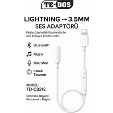 Te-Dos Lightning To 3.5mm Ses Adaptörü ve Dahili Kontrol Paneli TD-C3312