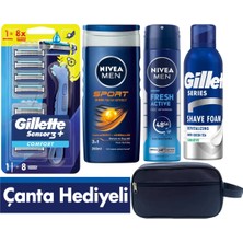 Gillette Sensor3 Plus Comfort Tıraş Makinesi + 8 Yedek Tıraş Bıçağı+Duş Jeli +Deodorant +200 ml Köpük +Çanta