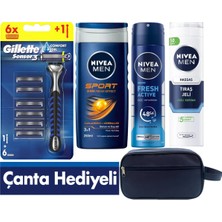 Gillette Sensor3 Tıraş Makinesi + 6 Yedek Tıraş Bıçağı+Duş Jeli +Deodorant +200 ml Jel +Çanta