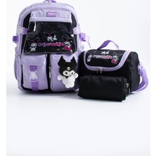 Roxy Kuromi Kawaii Kore Tarzı Çok Bölmeli Çocuk - Okul Çantası , Beslenme Çantası , Kalemlik Seti