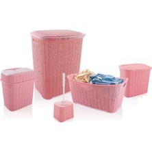 Ozcmax 5 Parça Örgü Desenli Plastik Banyo Seti Çamaşır Sepeti Deterjanlık Klik Çöp Kovası Kloozet Fırçası