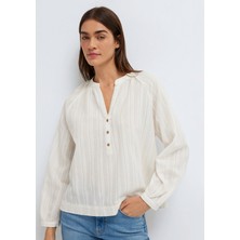 Mavi Çizgi Nakışlı Dokulu Ekru Bluz 1211440-70057