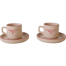 Keramika Kalp Motto Çay Fincan Set 4 Parça 2 Adet