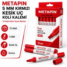 Metapin 5 mm Kırmızı Kesik Uç Koli Kalemi 12 Adet Kalın Yazım Marker Ekonomik Paket
