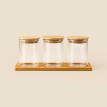KRD Home Home Tepsili Bambu Kapaklı 3'lü Cam Kavanoz - Şeffaf / Açık Kahverengi - 680 ml