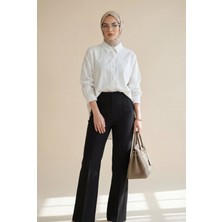 Moda Morfo Arkası Uzun Çizgi Desenli Düğmeli Salaş Gömlek -Ekru