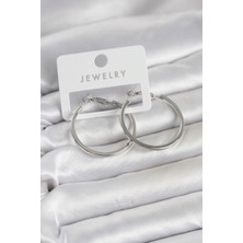 Nemere Gümüş Renk Pirinç Köşeli Kenar Halka 32 mm Kadın Küpe - TJ-BKP11766