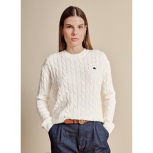 Brooks Brothers Beyaz Kadın Bisiklet Yaka Standart Fit Saç Örgü Kazak BBSS26FKL012