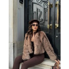 Vess Moda Tilki Desen Içi Astarlı Jakar Crop Kürk Mont