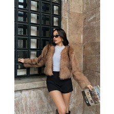 Vess Moda Tilki Desen Içi Astarlı Jakar Crop Kürk Mont