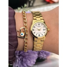 Casio Marka Çelik Kordon Sarı  Renk, Lüx kadın Kol Saati + Kalp Bileklik