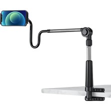 Coverzone Ayarlanabilir LED Işıklı Uzun Kollu Alüminyum Masaüstü 4 - 6.5 inç Kadar Uyumlu Telefon Stant ve Tutucu Cantilever Kol Tasarım 360° Döner (L365 - Siyah)