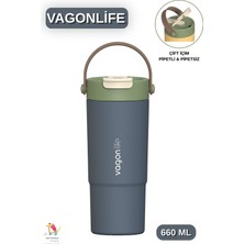 Vagonlife 660 ml Tek Kapak Çift Içim Pipetli / Pipetsiz Kulplu Paslanmaz Çelik Termos