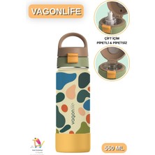 Vagonlife 550 ml Desenli Çift Içim - Pipetli / Pipetsiz Taşıma Kulplu Paslanmaz Çelik Termos