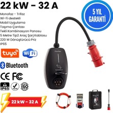 Evwallbox 22KW V3 Türkçe Mobil Uygulama 5 Yıl Garanti, (Tekli Kombinasyon Panosu, 5 mt Tip2 Araç Şarj Kablosu, taşıma Çantası ve 220V Dönüştürücü Adaptör)