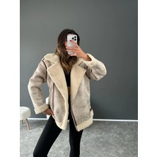 Vess Moda Kadın Içi Peluş Kürklü Oversize Kalıp Desenli Krem Nubuk Deri Mont