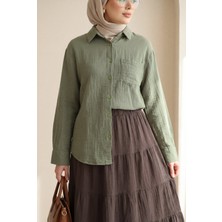 Moda Morfo Tek Cepli Düğmeli Müslin Gömlek -Haki