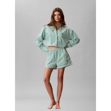Calvin Klein Yeşil Kadın Standart Çizgili Pijama Üst Ck Graphıc Cropped Poplın Shırt