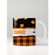 North Whiskers Kişiselleştirilebilir İsme Özel Kupa Bardak - Cadılar Bayramı Balkabağı ve Turuncu Ekose Tasarımlı Hediyelik (330 ML)