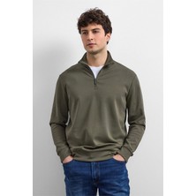 Haki Regular Fit Yarım Fermuarlı Sweatshirt