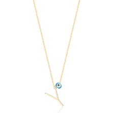 Emiliano Jewellery Altın Kaplamalı Nazar Boncuklu Y Harfi Gümüş Kolye