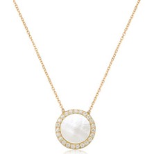 Emiliano Jewellery Zirkon Taşlı Pırlanta Montür Altın Kaplama Ortası Sedefli Yuvarlak Gümüş Kolye