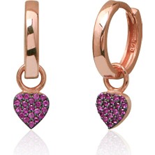 Emiliano Jewellery Kırmızı Zirkon Taşlı Rose Altın Kaplama Kalpli Gümüş Küpe