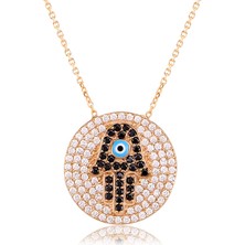 Emiliano Jewellery Emılıano Jewellery Zirkon Taşlı Rose Altın Kaplama Ortası Siyah Taşlı Fatma Eli Desenli Kolye