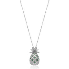 Emiliano Jewellery Zirkon Yeşil Taşlı Gümüş Rengi Kaplamalı Ananas Desenli Gümüş Kolye