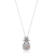 Emiliano Jewellery Renkli Zirkon Taşlı Gümüş Rengi Kaplamalı Ananas Desenli Gümüş Kolye