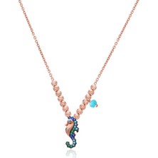 Emiliano Jewellery Renkli Taşlı Rose Altın Kaplamalı Toplu Deniz Atı Desenli Gümüş Kolye