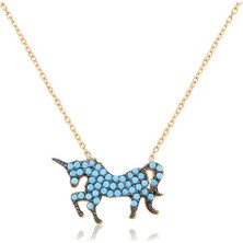 Emiliano Jewellery Turkuaz Taşlı Pırlanta Montür Altın Kaplama Unicorn Gümüş Kolye