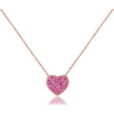 Emiliano Jewellery Kırmızı Taşlı Pırlanta Montür Rose Altın Kaplama Kalp Gümüş Kolye