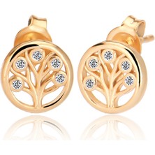 Emiliano Jewellery Zirkon Taşlı Altın Kaplamalı Hayat Ağacı Desenli Gümüş Küpe