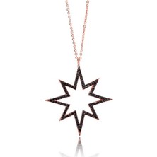 Emiliano Jewellery Siyah Taşlı Pırlanta Montür Rose Altın Kaplama Kuzey Yıldızı Gümüş Kolye