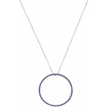 Emiliano Jewellery Lacivert Taşlı Pırlanta Montür Gümüş Rengi Kaplamalı Yuvarlak Gümüş Kolye