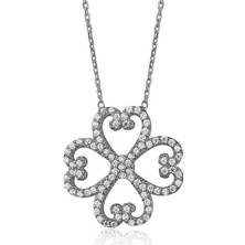Emiliano Jewellery Emılıano Jewellery Zirkon Taşlı Pırlanta Montür Kalp Desenli Çiçek Rodium Kaplama Gümüş Kolye